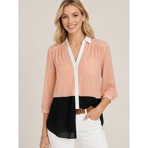 Womens Color Block Chiffon Style Blouse Partial Button Down Preppy Top Small